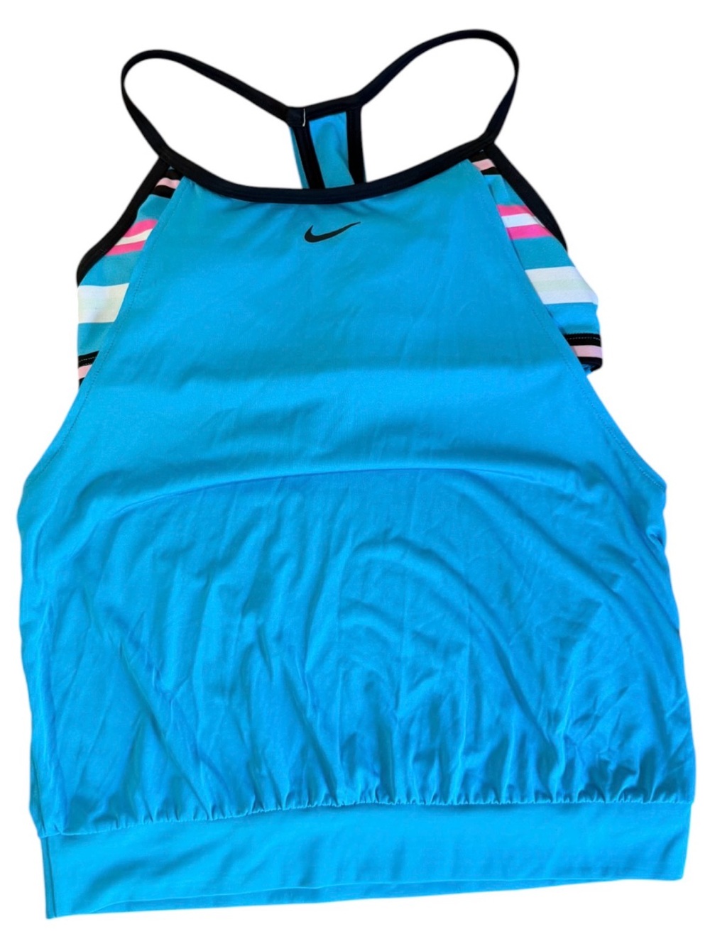 Nike Women's Bright Aqua High Neck Swim Tank with Striped Accents